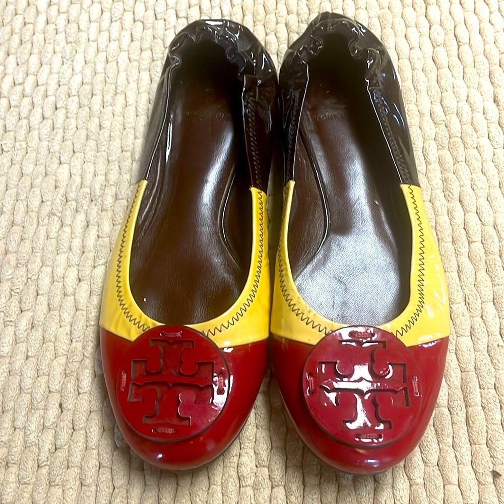 Tory Burch .... Patent Leather .... Brown, Yellow, Red... Worn for 20 seconds!